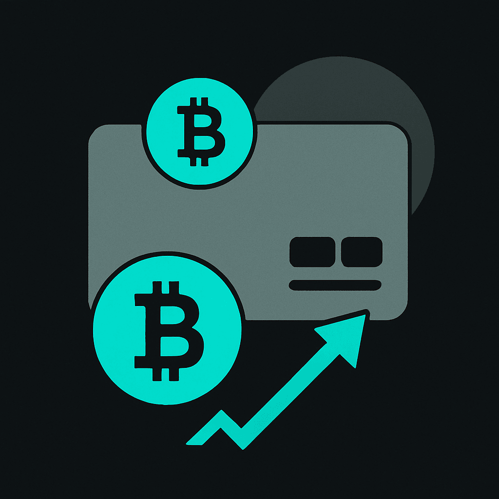 Two Bitcoin coins beside a payment card and an upward arrow, introducing what a crypto card is