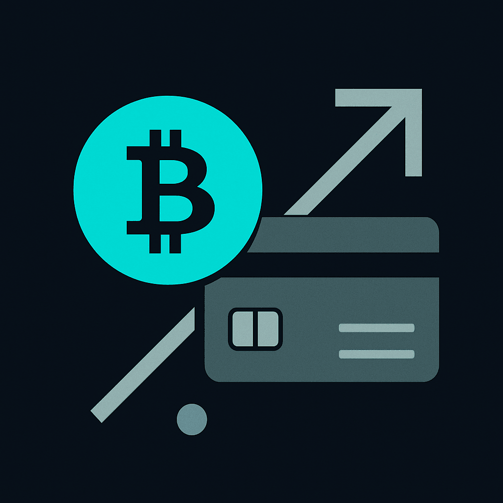 Bitcoin symbol beside a payment card and a rising arrow, illustrating how crypto cards work