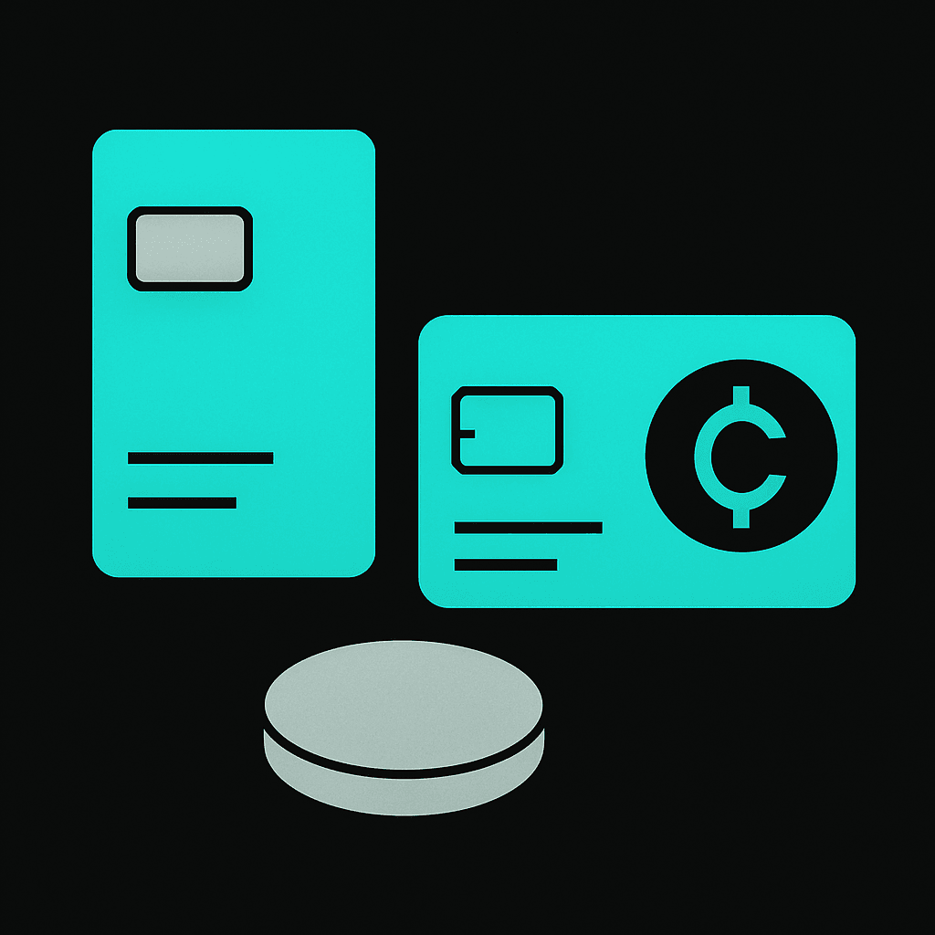 A virtual card and a physical card side by side with a coin, showing the two main types of crypto card