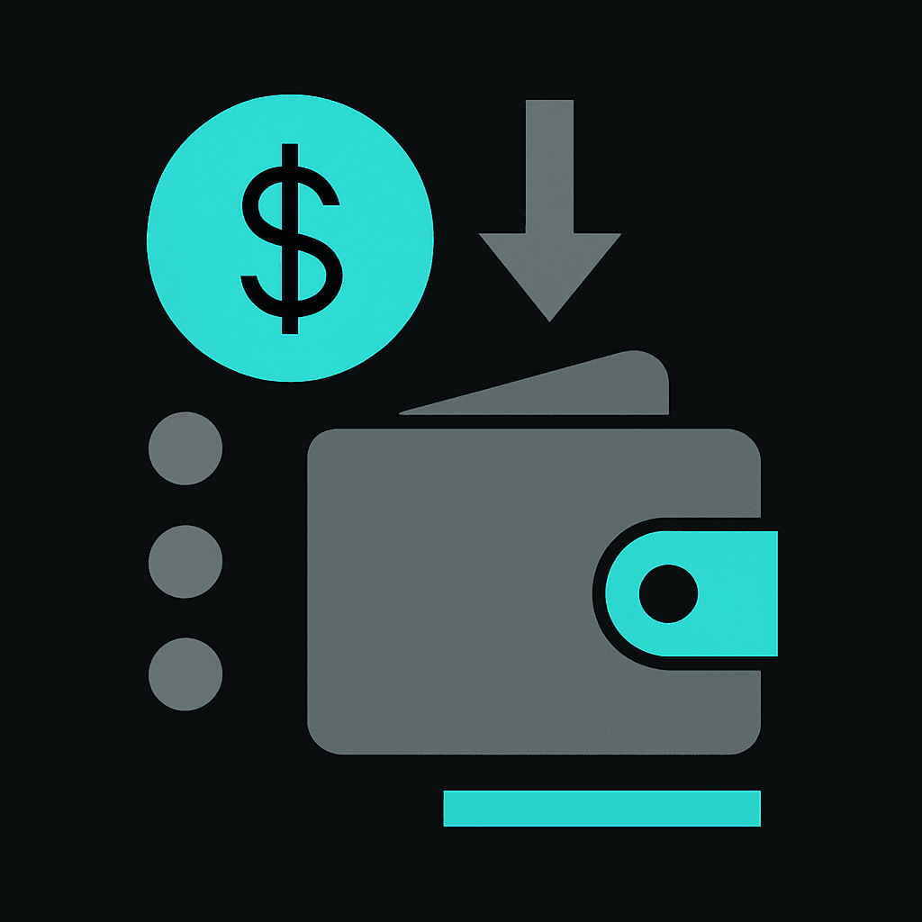 Dollar coin moving down into a wallet, showing how a crypto card is funded before you spend