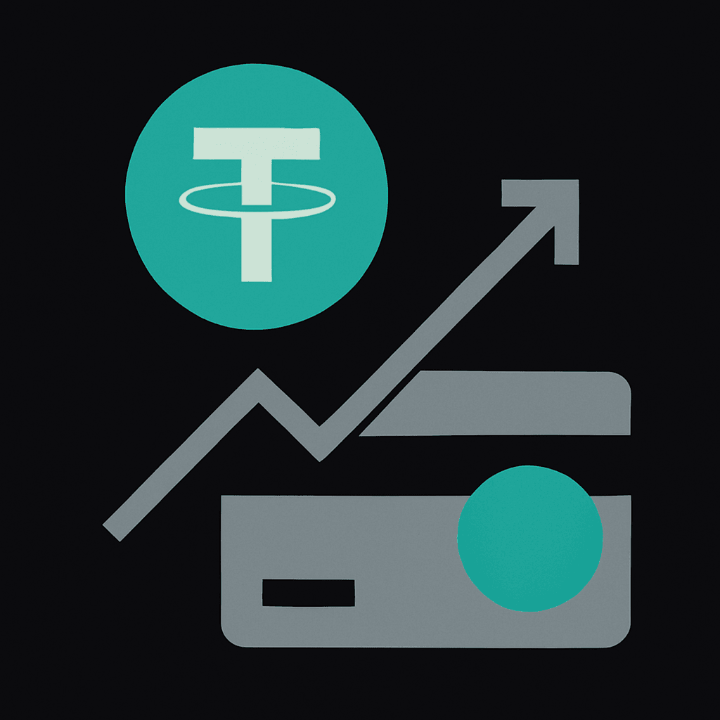Tether symbol above a rising chart and a payment card, illustrating how USDT payments work