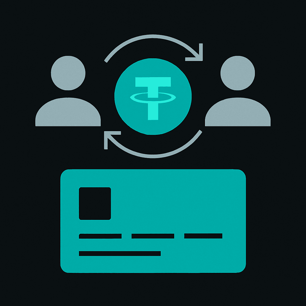 Two people exchanging Tether with a payment card below, showing peer-to-peer USDT payments