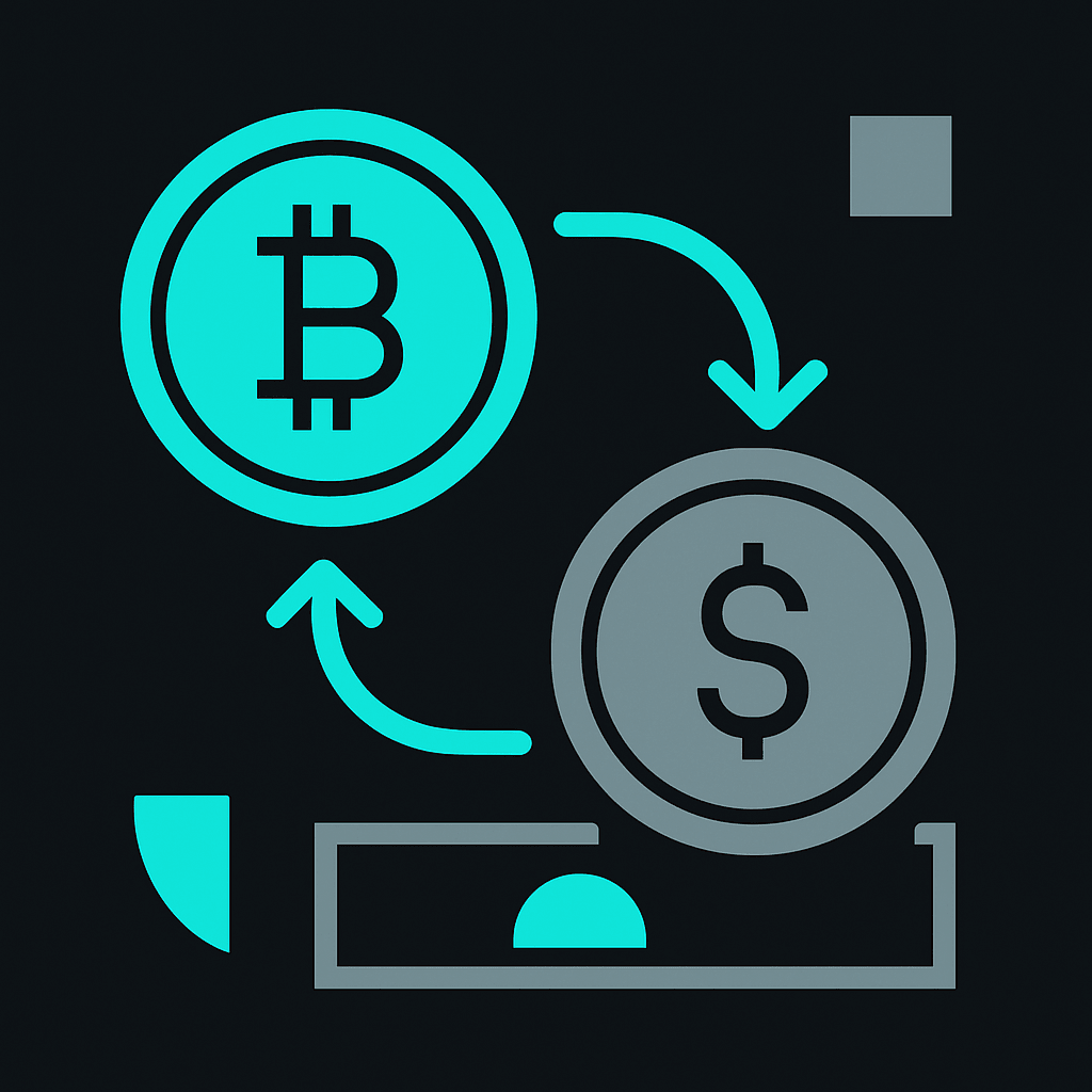 Bitcoin coin cycling into a dollar coin and a banknote, illustrating crypto to fiat conversion