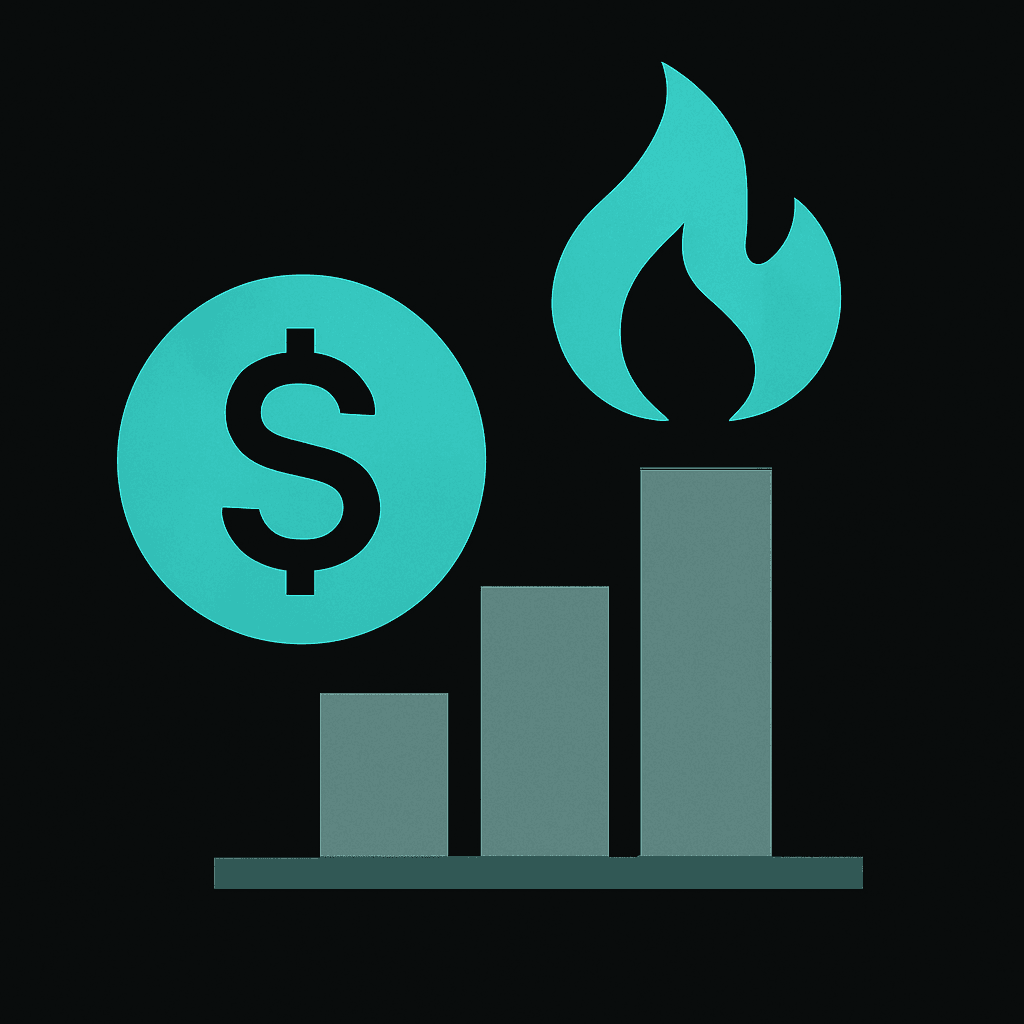 Dollar coin beside rising bars and a flame, showing how gas and network fees climb with demand
