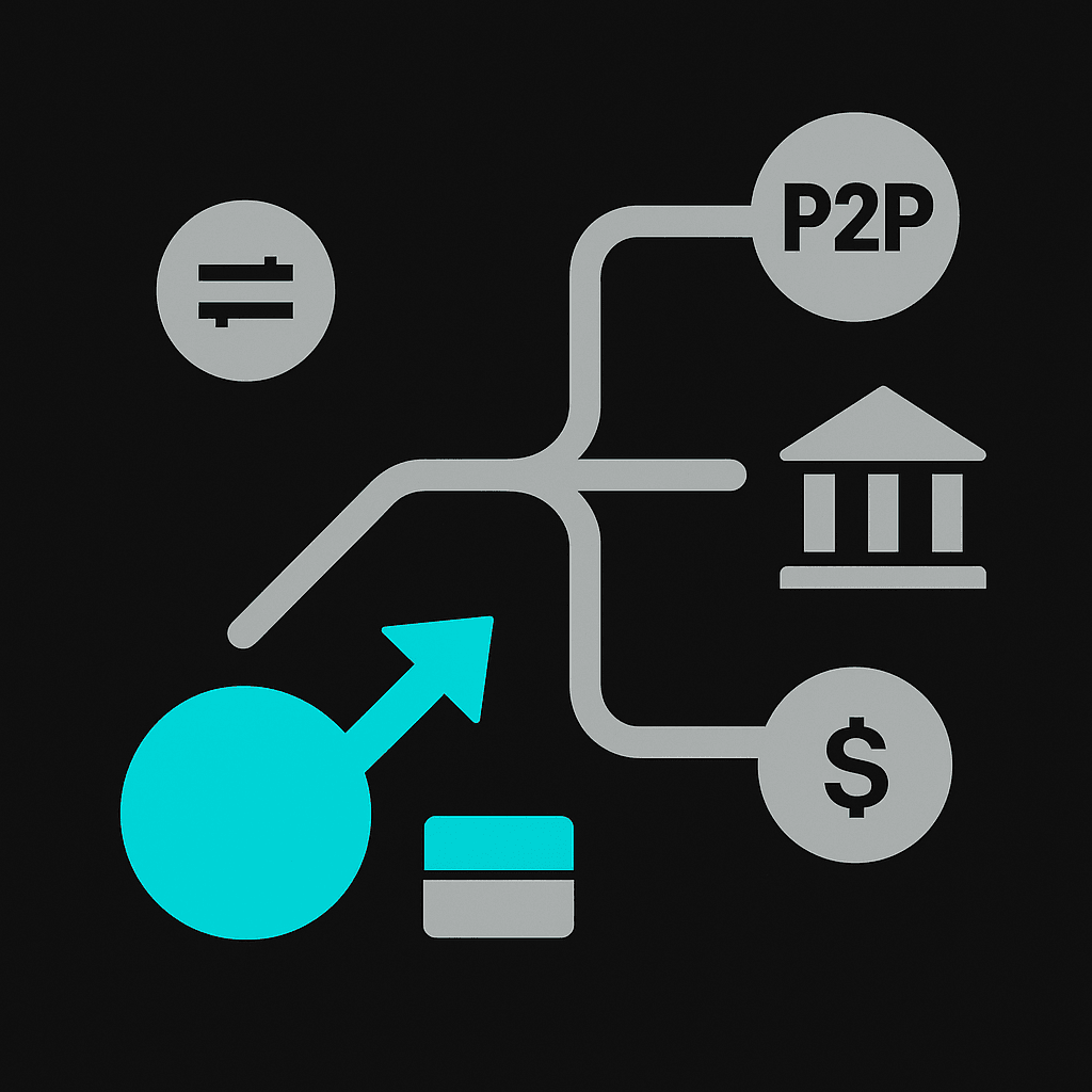 Branching diagram of the routes for crypto to fiat conversion: exchanges, P2P trades and bank withdrawals
