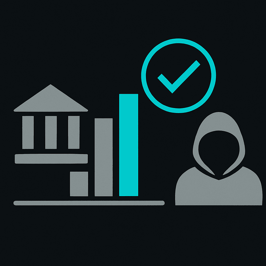 A bank, a verified checkmark and a hooded figure, showing the spectrum from full KYC to no-KYC crypto cards