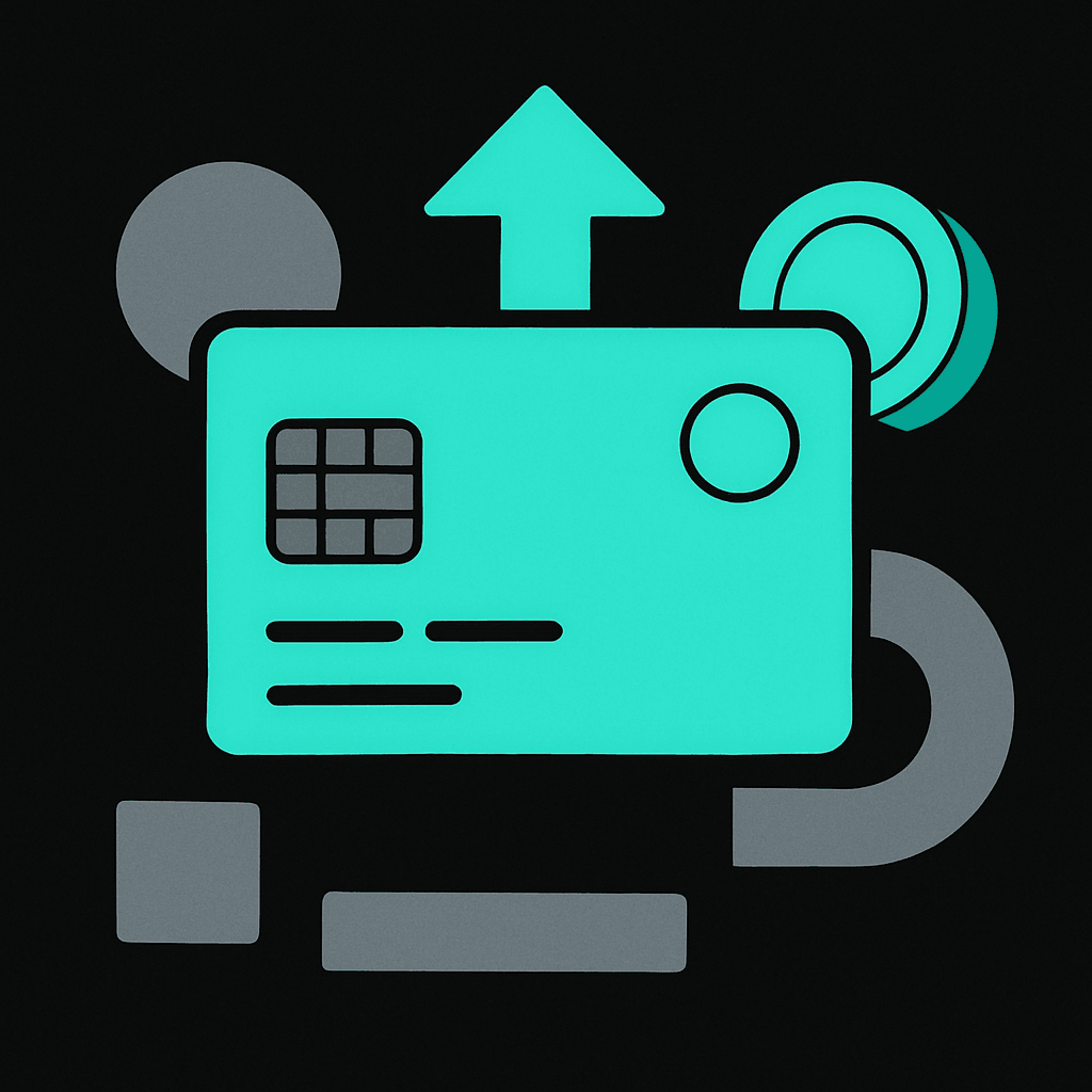 A chipped virtual card with an upward arrow and a coin, introducing the WaldenPay virtual card's features and fees