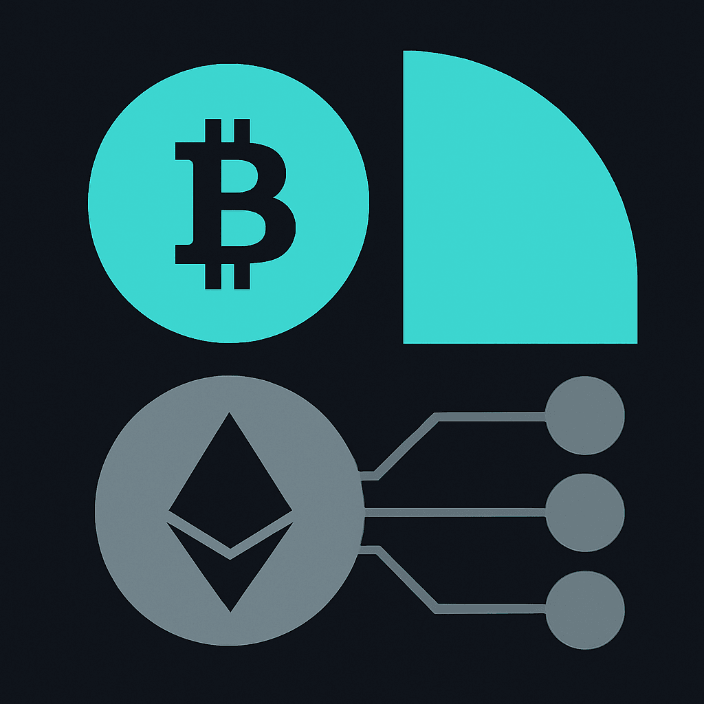 Bitcoin and Ethereum symbols branching out to network nodes, showing the supported cryptocurrencies and networks