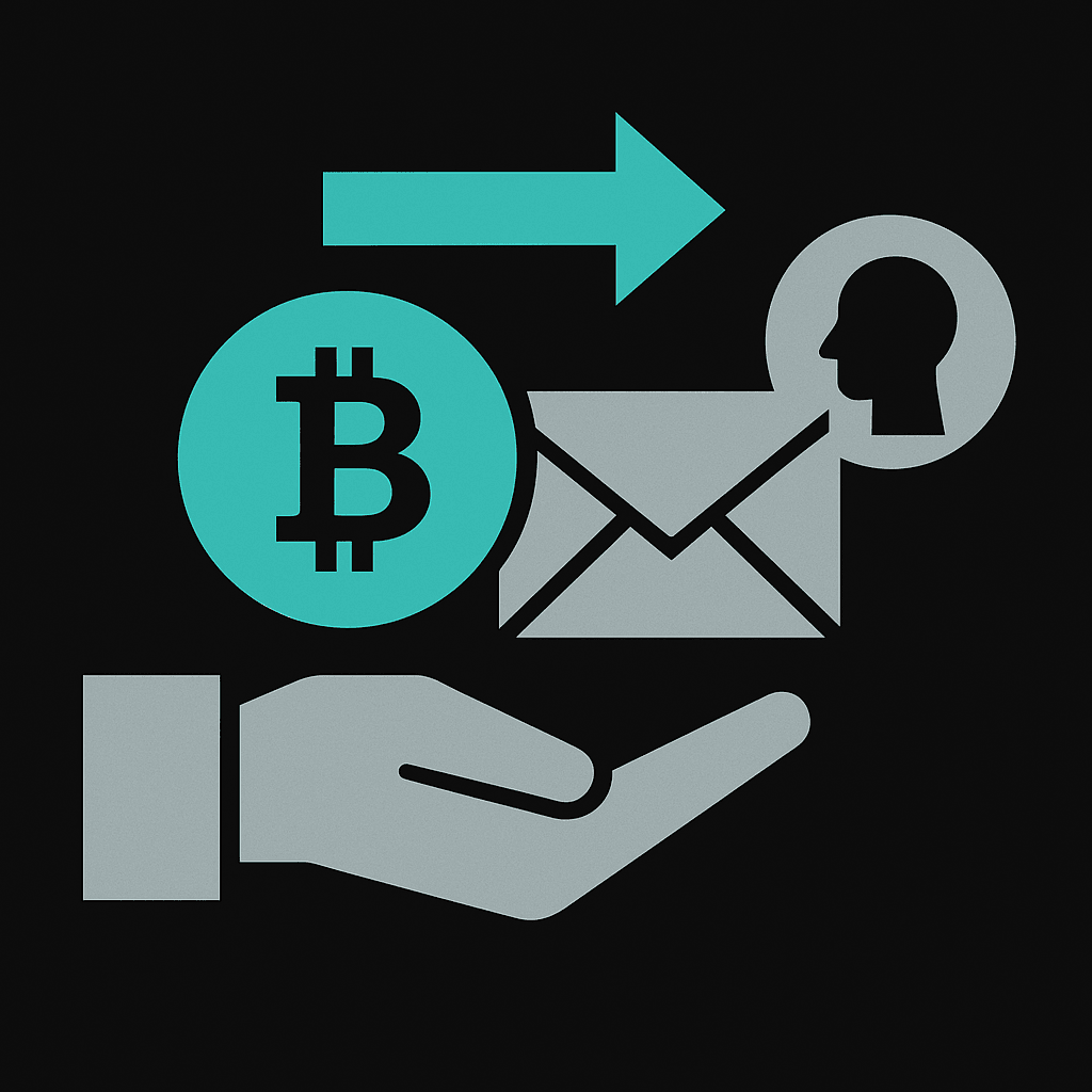A Bitcoin coin and envelope passing to an open hand, introducing how to send crypto to a friend instantly