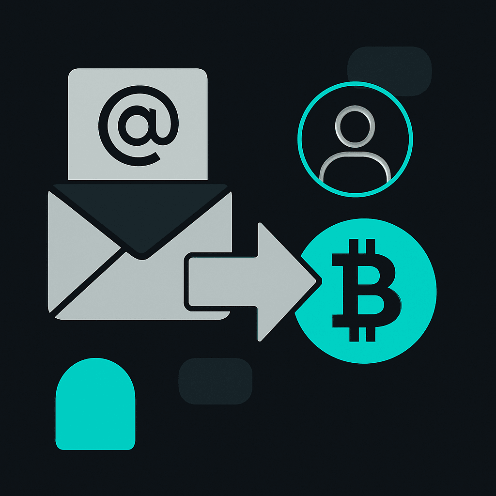 An email address and envelope pointing to a Bitcoin coin and a recipient, showing how to send crypto to a friend by email