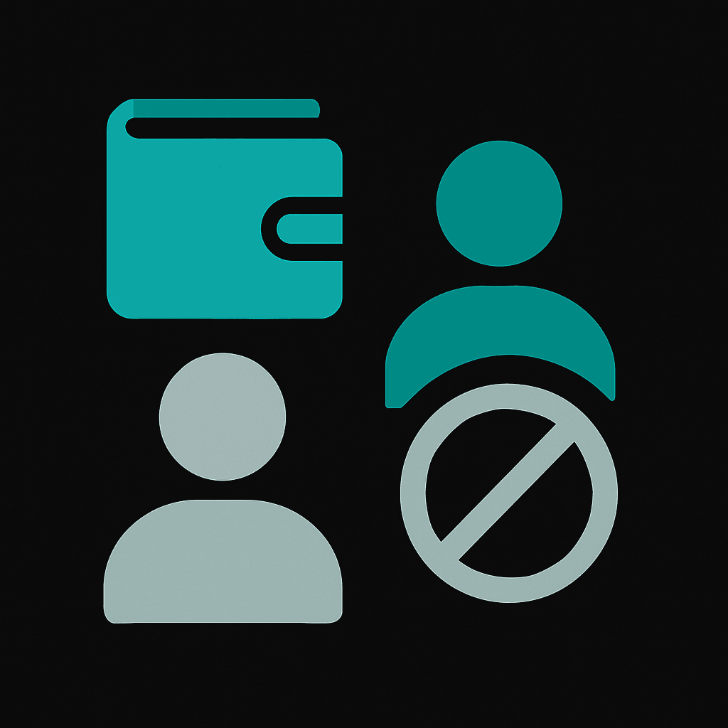 A wallet beside two people and a blocked sign, illustrating sending to a friend who has no wallet or account