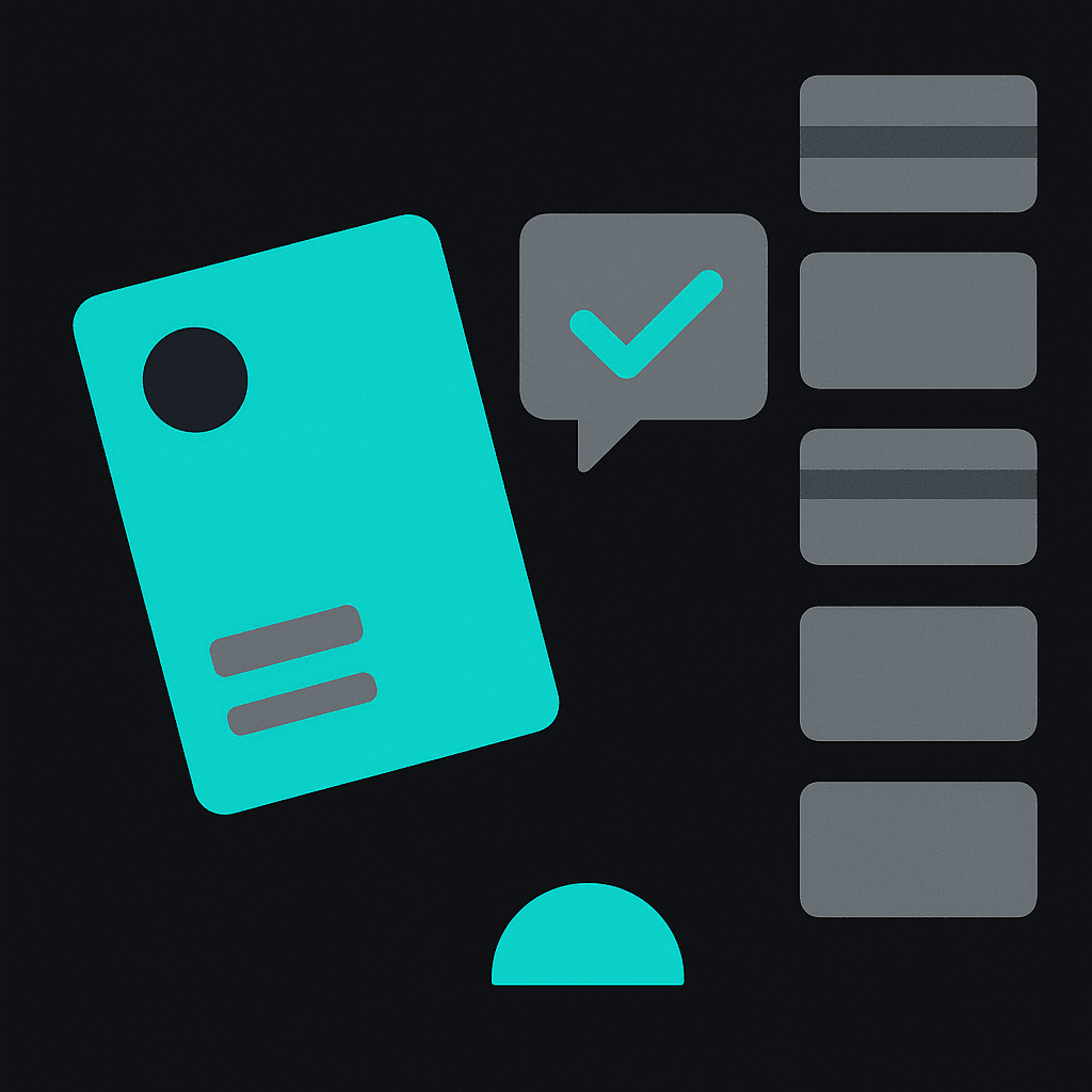 A card beside a checked speech bubble and a stacked list, representing a crypto card comparison